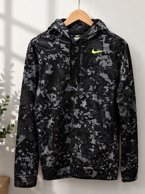 Nike Therma-FIT Camo Hoodie Black Gray Volt Logo Men’s Size M